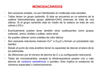 MONOSACÁRIDOS
• Son azúcares simples, no son hidrolizados en moléculas más sencillas.
• Todos tienen un grupo carbonilo. Si éste se encuentra en un extremo de la
cadena hidrocarbonada (grupo aldehído-CHO) entonces se trata de una
aldosa. Si el grupo carbonilo está en medio de la cadena se trata de una
cetosa (-CO-).
• Eventualmente pueden tener también otros sustituyentes como grupos
carboxilo, amino, fosfato o sulfato, entre otros
• Se pueden obtener como cristales de color blanco.
• Son azúcares reductores (reducen Cu2+ a Cu2O y forman un precipitado rojo
ladrillo).
• Desde el punto de vista analítico tienen la capacidad de desviar el plano de la
luz polarizada.
• Se diferencian por el número de átomos de C y su configuración estructural.
• Todos los monosacáridos, excepto la dihidroxiacetona poseen uno o más
átomos de carbono asimétricos o quirales. Esto implica la existencia de
isómeros espaciales o estereoisómeros.
 