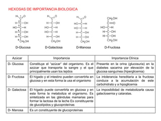 HEXOSAS DE IMPORTANCIA BIOLOGICA
Azúcar Importancia Importancia Clínica
D- Glucosa Constituye el “azúcar” del organismo. Es el
azúcar que transporta la sangre y el que
principalmente usan los tejidos
Presente en la orina (glucosuria) en la
diabetes sacarina por elevación de la
glucosa sanguínea (hiperglicemia)
D- Fructosa El hígado y el intestino pueden convertirla en
glucosa y en esta forma la usa el organismo
La intolerancia hereditaria a la fructosa
conduce a la acumulación de este
carbohidrato y a hipoglicemia
D- Galactosa El hígado puede convertirla en glucosa y en
esta forma la metaboliza el organismo. Es
sintetizada en las glándulas mamarias para
formar la lactosa de la leche Es constituyente
de glucolípidos y glucoproteínas
La imposibilidad de metabolizarla causa
galactosemia y cataratas.
D- Manosa Es un constituyente de glucoproteínas
D-Glucosa D-Galactosa D-Manosa D-Fructosa
 