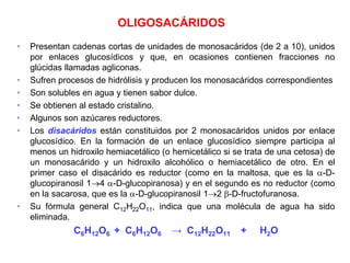 OLIGOSACÁRIDOS
• Presentan cadenas cortas de unidades de monosacáridos (de 2 a 10), unidos
por enlaces glucosídicos y que, en ocasiones contienen fracciones no
glúcidas llamadas agliconas.
• Sufren procesos de hidrólisis y producen los monosacáridos correspondientes
• Son solubles en agua y tienen sabor dulce.
• Se obtienen al estado cristalino.
• Algunos son azúcares reductores.
• Los disacáridos están constituidos por 2 monosacáridos unidos por enlace
glucosídico. En la formación de un enlace glucosídico siempre participa al
menos un hidroxilo hemiacetálico (o hemicetálico si se trata de una cetosa) de
un monosacárido y un hidroxilo alcohólico o hemiacetálico de otro. En el
primer caso el disacárido es reductor (como en la maltosa, que es la -D-
glucopiranosil 14 -D-glucopiranosa) y en el segundo es no reductor (como
en la sacarosa, que es la -D-glucopiranosil 12 -D-fructofuranosa.
• Su fórmula general C12H22O11, indica que una molécula de agua ha sido
eliminada.
C6H12O6 + C6H12O6 → C12H22O11 + H2O
 