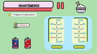CHO
H C O
H
HO C H
H C OH
H C OH
CH2OH
D-Glucosa
CHO
HO C H
H C OH
HO C H
HO C H
CH2OH
L-Glucosa
Imágenes especulares
D-Azúcar
 