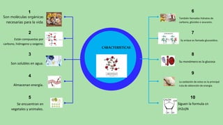 Almacenan energía.
4
Se encuentran en
vegetales y animales.
5
También llamados hidratos de
carbono, glúcidos o azucares.
6
Su enlace es llamado glucosidico.
7
8
Son moléculas orgánicas
necesarias para la vida.
1
Están compuestas por
carbono, hidrogeno y oxigeno.
2
Son solubles en agua.
3
La oxidación de estos es la principal
ruta de obtención de energía.
9
Siguen la formula cn
(H2o)N
10
Su monómero es la glucosa.
CARACTERISTICAS
 