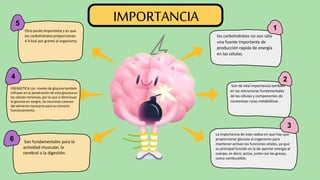 6
1
2
3
5
4
los carbohidratos no son sólo
una fuente importante de
producción rápida de energía
en las células.
Son de vital importancia también
en las estructuras fundamentales
de las células y componentes de
numerosas rutas metabólicas.
Otro punto importante y es que
los carbohidratos proporcionan
4.3 kcal por gramo al organismo.
Son fundamentales para la
actividad muscular, la
cerebral o la digestión.
La importancia de esto radica en que hay que
proporcionar glucosa al organismo para
mantener activas las funciones vitales, ya que
su principal función es la de aportar energía al
cuerpo, es decir, actúa, junto con las grasas,
como combustible.
ENERGETICA Los niveles de glucosa también
influyen en la penetración de esta glucosa en
las células nerviosas, por lo que si disminuye
la glucosa en sangre, las neuronas carecen
del alimento necesario para su correcto
funcionamiento.
IMPORTANCIA
 