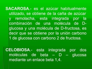 SACAROSA.- es el azúcar habitualmente
utilizado, se obtiene de la caña de azúcar
y remolacha, esta
combinación de una
integrada
molécula
por la
de D-
glucosa y una molécula de D-fructosa, es
decir que se obtiene por la unión carbono
1 de glucosa con carbono 2 de fructosa.
CELOBIOSA.-
moléculas de
esta integrada por dos
beta – D – glucosa
mediante un enlace beta 1,4.
 