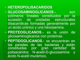 ▪ HETEROPOLISACARIDOS
▪ GLUCOSAMINOGLICANOS.- son
polímeros lineales constituidos por la
sucesión de unidades estructurales
disacarídicas formadas generalmente por
un ácido urónico y una hexosamina.
▪ PROTEOGLICANOS.- es la unión de
glicosaminoglicanos con proteínas.
▪ PEPTIDOGLICANOS.- se encuentran en
las paredes de las bacterias y están
polisacáridos N-acetil-D-glucosamina
constituidas por gran cantidad de
y
ácido N-acetil murámico.
 