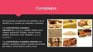 Complejos:
Se encuentran en alimentos con almidón o en el
almidón en sí, pueden ser naturales o refinados.
Los carbohidratos complejos
naturales son: plátanos, cebada, frijoles, arroz
integral, garbanzos, lentejas, nueces, avena,
patatas, tubérculos, maíz, cereales y harinas
integrales.
Los carbohidratos complejos refinados son:
galletas y pastelería, pizzas, cereales azucarados,
pan blanco, harina blanca, pasta y arroz.
 