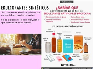 EDULCORANTES SINTÉTICOS
Son compuestos sintéticos químicos con
mayor dulzura que los naturales.
No se digieren ni se absorben, por lo
que carecen de valor nutricio.
 