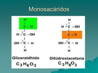 Clasificación1)Según la posición del grupo carbonilo (aldosas o cetosas).2) Según el número de carbonos en su cadena carbonada.3) Según el arreglo espacial alrededor de su carbono asimétrico.