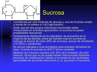 Sucrosa
 Constituída por una molécula de glucosa y una de fructosa unidas
a través de un enlace α-1-β-2-glucosídico.
 Dado que los dos grupos reductores funcionales están
involucrados en el enlace glucosídico, la sucrosa no posee
propiedades reductoras.
 Ampliamente distribuida en la naturaleza, se encuentra en la
mayoría de las plantas; entre las fuentes ricas en sucrosa se
incluyen al azúcar de caña (20% de sucrosa), azúcar de remolacha
(15–20%) y zanahorias.
 Es azúcar utilizada a nivel doméstico para endulzar alimentos en
casa. Cuando la sucrosa es 200°C forma caramelo
 Melazas son líquidos viscosos (20–30% de humedad), de color
obscuro, de los que no se puede extraer más sucrosa mediante
procesos de cristalización, debido a la presencia de cantidades
apreciables de azúcares reductores (p. ej. glucosa) e impurezas.
 