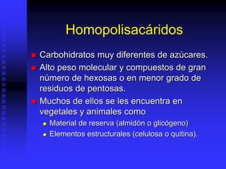 Homopolisacáridos
 Carbohidratos muy diferentes de azúcares.
 Alto peso molecular y compuestos de gran
número de hexosas o en menor grado de
residuos de pentosas.
 Muchos de ellos se les encuentra en
vegetales y animales como
 Material de reserva (almidón o glicógeno)
 Elementos estructurales (celulosa o quitina).
 