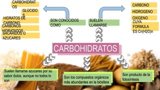 CARBOHIDRATOS
CARBOHIDRAT
OS
SACÁRIDOS O
AZUCARES
CARBONOS
HIDRATADOS
HIDRATOS DE
CARBONO
GLÚCIDO
S
CUYA
FORMULA
ES Cn(H2O)n
OXIGENO
HIDROGENO
CARBONO
Suelen llamarse azucares por su
sabor dulce, aunque no todos lo
son
Son los compuestos orgánicos
más abundantes en la biósfera
Son producto de la
fotosíntesis
SON CONOCIDOS
COMO
SUELEN
LLAMARSE
 