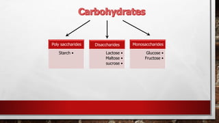 Poly saccharides
•
Starch
Disaccharides
•
Lactose
•
Maltose
•
sucrose
Monosaccharides
•
Glucose
•
Fructose
 