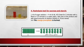 4. Hydrolysis test for sucrose and starch:
1 ml of sugar solution + 4 ml of dil. HCl (heat for 5 minutes with a
flame or 10 minutes in a water bath), take part of the product and
add equal amounts of solution Fehling A, B and reheat.
>> The orange precipitate is formed.
 