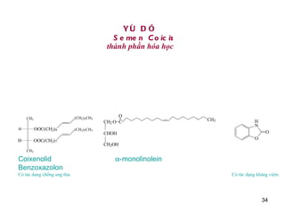 YÙ DÓ   Semen Coicis thành phần hóa học Coixenolid   -monolinolein  Benzoxazolon Có tác dung chống ung thư.   Có tác dụng kháng viêm 