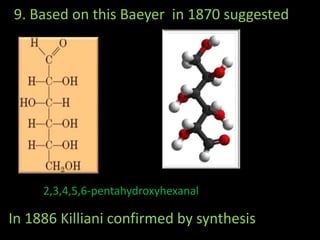 9. Based on this Baeyer in 1870 suggested
In 1886 Killiani confirmed by synthesis
2,3,4,5,6-pentahydroxyhexanal
 