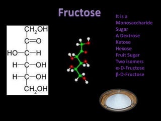 It is a
Monosaccharide
Sugar
A Dextrose
Ketose
Hexose
Fruit Sugar
Two isomers
α-D-Fructose
β-D-Fructose
 