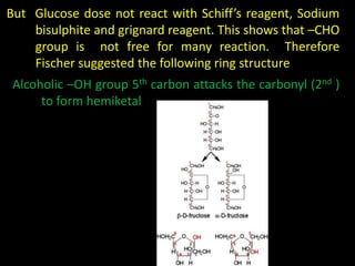 But Glucose dose not react with Schiff’s reagent, Sodium
bisulphite and grignard reagent. This shows that –CHO
group is not free for many reaction. Therefore
Fischer suggested the following ring structure
Alcoholic –OH group 5th carbon attacks the carbonyl (2nd )
to form hemiketal
 