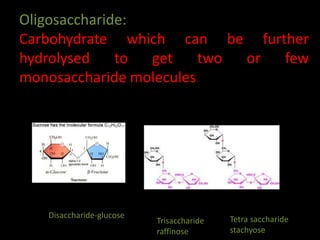 Oligosaccharide:
Carbohydrate which can be further
hydrolysed to get two or few
monosaccharide molecules
Disaccharide-glucose Tetra saccharide
stachyose
Trisaccharide
raffinose
 