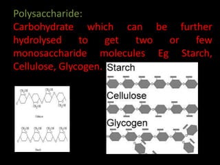 Polysaccharide:
Carbohydrate which can be further
hydrolysed to get two or few
monosaccharide molecules Eg Starch,
Cellulose, Glycogen.
 