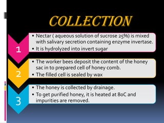 collection
1
• Nectar ( aqueous solution of sucrose 25%) is mixed
with salivary secretion containing enzyme invertase.
• It is hydrolyzed into invert sugar
2
• The worker bees deposit the content of the honey
sac in to prepared cell of honey comb.
• The filled cell is sealed by wax
3
• The honey is collected by drainage.
• To get purified honey, it is heated at 80C and
impurities are removed.
 