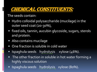 Chemical Constituents:
The seeds contain:
 Hydro colloidal polysaccharide (mucilage) in the
outer seed coat (20-30%),
 fixed oils, tannin, aucubin glycoside, sugars, sterols
and protein.
 Also contains mucilage
 One fraction is soluble in cold water
 Ispaghula seeds hydrolysis xylose (46%).
 The other fraction in soluble in hot water forming a
highly viscous solution
 Ispaghula seeds hydrolysis xylose (80%).
 