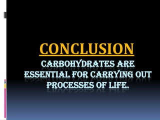 CARBOHYDRATES ARE
ESSENTIAL FOR CARRYING OUT
PROCESSES OF LIFE.
CONCLUSION
 