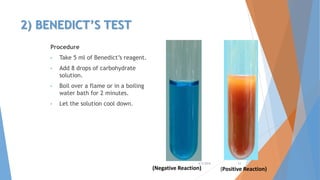 2) BENEDICT’S TEST
Procedure
• Take 5 ml of Benedict’s reagent.
• Add 8 drops of carbohydrate
solution.
• Boil over a flame or in a boiling
water bath for 2 minutes.
• Let the solution cool down.
4/3/2016 12
(Negative Reaction) (Positive Reaction)
 