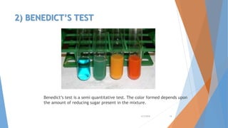 2) BENEDICT’S TEST
Benedict’s test is a semi quantitative test. The color formed depends upon
the amount of reducing sugar present in the mixture.
4/3/2016 14
 