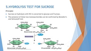 5.HYDROLYSIS TEST FOR SUCROSE
Principle:
 Sucrose on hydrolysis with HCl is converted to glucose and fructose.
 The presence of these two monosaccharides can be confirmed by Benedict’s
and Seliwanoff test
4/3/2016 21
 