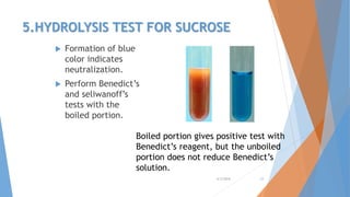 5.HYDROLYSIS TEST FOR SUCROSE
 Formation of blue
color indicates
neutralization.
 Perform Benedict’s
and seliwanoff’s
tests with the
boiled portion.
4/3/2016 23
Boiled portion gives positive test with
Benedict’s reagent, but the unboiled
portion does not reduce Benedict’s
solution.
 