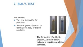 7. BIAL’S TEST
Interpretation:
 This test is specific for
pentoses.
 Hexoses generally react to
form green, red, or brown
products
4/3/2016 32
The formation of a bluish
product. All other colors
indicate a negative result for
pentoses.
 