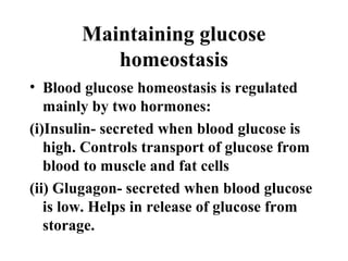 Maintaining glucose
homeostasis
• Blood glucose homeostasis is regulated
mainly by two hormones:
(i)Insulin- secreted when blood glucose is
high. Controls transport of glucose from
blood to muscle and fat cells
(ii) Glugagon- secreted when blood glucose
is low. Helps in release of glucose from
storage.
 