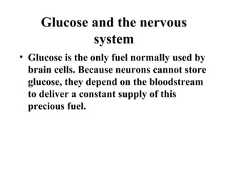 Glucose and the nervous
system
• Glucose is the only fuel normally used by
brain cells. Because neurons cannot store
glucose, they depend on the bloodstream
to deliver a constant supply of this
precious fuel.
 