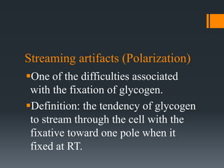 Streaming artifacts (Polarization)
One of the difficulties associated
with the fixation of glycogen.
Definition: the tendency of glycogen
to stream through the cell with the
fixative toward one pole when it
fixed at RT.
 