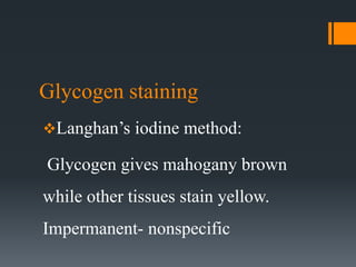 Glycogen staining
Langhan’s iodine method:
Glycogen gives mahogany brown
while other tissues stain yellow.
Impermanent- nonspecific
 