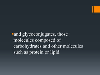 and glycoconjugates, those
molecules composed of
carbohydrates and other molecules
such as protein or lipid
 
