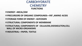 CARBOHYDRATE
CHEMISTRY
FUNCTIONS
ENERGY –4KCAL/GM
PRECURSORS OF ORGANIC COMPOUNDS—FAT ,AMINO ACIDS
STORAGE FORM OF ENERGY –GLYCOGEN
STRUCTURAL COMPONENTS OF MEMBRANE
STRUCTURAL COMPONENTS OF CELLULOSE,EXOSKELETON,CELL
WALL OF MICRO-ORGANISMS
INDUSTRIAL—PAPER, TEXTILE
 