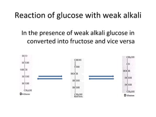 Reaction of glucose with weak alkali
 In the presence of weak alkali glucose in
   converted into fructose and vice versa
 