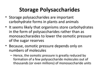 Storage Polysaccharides
• Storage polysaccharides are important
  carbohydrate forms in plants and animals
• It seems likely that organisms store carbohydrates
  in the form of polysaccharides rather than as
  monosaccharaides to lower the osmotic pressure
  of the sugar reserves
• Because, osmotic pressure depends only on
  numbers of molecules
  – Hence, the osmotic pressure is greatly reduced by
    formation of a few polysaccharide molecules out of
    thousands (or even millions) of monosaccharide units
 