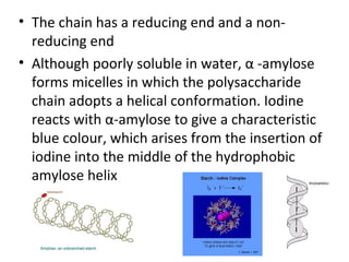 • The chain has a reducing end and a non-
  reducing end
• Although poorly soluble in water, α -amylose
  forms micelles in which the polysaccharide
  chain adopts a helical conformation. Iodine
  reacts with α-amylose to give a characteristic
  blue colour, which arises from the insertion of
  iodine into the middle of the hydrophobic
  amylose helix
 