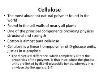 Cellulose
• The most abundant natural polymer found in the
  world
• Found in the cell walls of nearly all plants
• One of the principal components providing physical
  structural and strength
• Cotton is almost pure cellulose
• Cellulose is a linear homopolymer of D-glucose units,
  just as in α-amylose.
  • The structural difference, which completely alters the
    properties of the polymer, is that in cellulose the glucose
    units are linked by β(1-4)-glycosidic bonds, whereas in α -
    amylose the linkage is α(1-4)
 