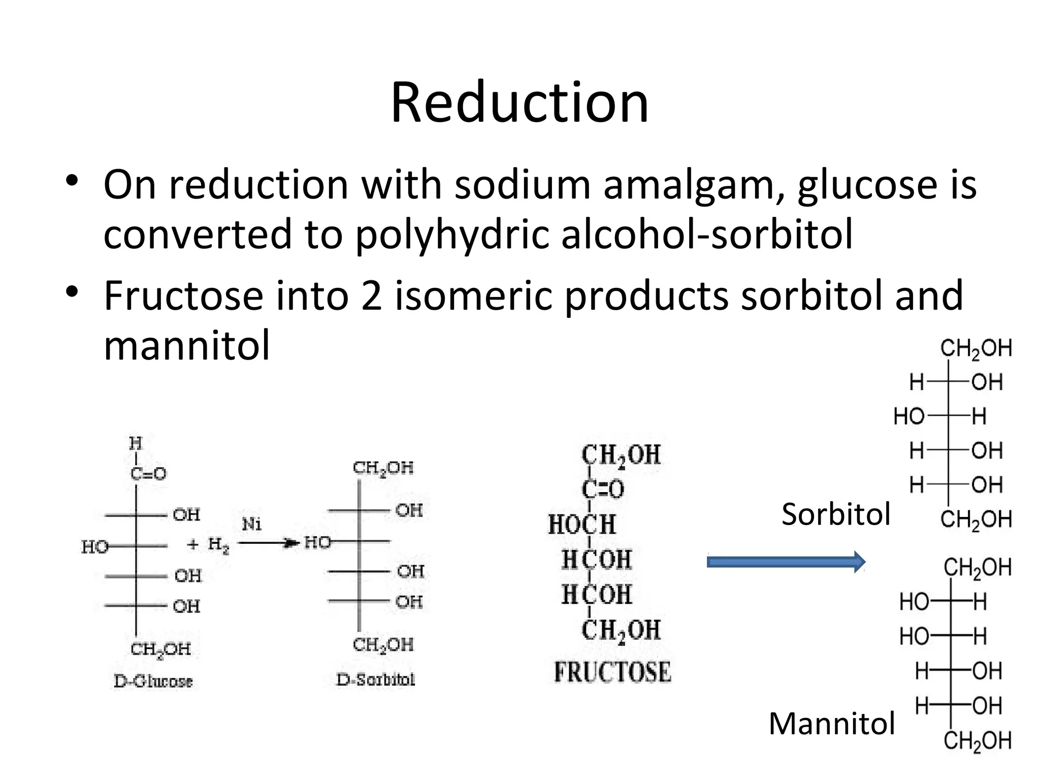 Reduction
• On reduction with sodium amalgam, glucose is
converted to polyhydric alcohol-sorbitol
• Fructose into 2 isomeric products sorbitol and
mannitol
Sorbitol
Mannitol
 