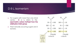 D & L Isomerism
● For sugars with more than one chiral
center, D or L refers to the
asymmetric carbon farthest from the
aldehyde or keto group.
● Most naturally occurring sugars are D
isomers.
 