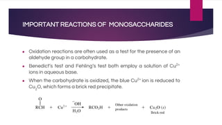 IMPORTANT REACTIONS OF MONOSACCHARIDES
● Oxidation reactions are often used as a test for the presence of an
aldehyde group in a carbohydrate.
● Benedict’s test and Fehling’s test both employ a solution of Cu2+
ions in aqueous base.
● When the carbohydrate is oxidized, the blue Cu2+
ion is reduced to
Cu2
O, which forms a brick red precipitate.
 