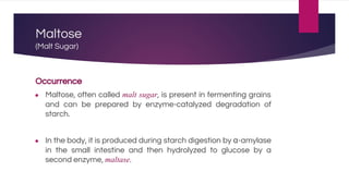 Maltose
(Malt Sugar)
Occurrence
● Maltose, often called malt sugar, is present in fermenting grains
and can be prepared by enzyme-catalyzed degradation of
starch.
● In the body, it is produced during starch digestion by α-amylase
in the small intestine and then hydrolyzed to glucose by a
second enzyme, maltase.
 