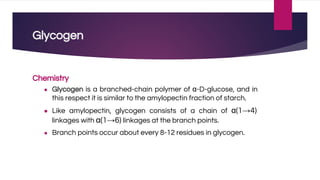 Glycogen
Chemistry
● Glycogen is a branched-chain polymer of α-D-glucose, and in
this respect it is similar to the amylopectin fraction of starch.
● Like amylopectin, glycogen consists of a chain of α(1→4)
linkages with α(1→6) linkages at the branch points.
● Branch points occur about every 8-12 residues in glycogen.
 