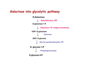 Galactose into glycolytic pathway
D-Galactose
D-galactose 1-P
Galactokinase, ATP
UDP- D galactose
Galactose 1-P uridylyl transferase
UDP- D glucose
Epimerase
D- glucose 1-P
Glucose pyrophosphorylase, PPi
D-glucose 6-P
Phosphoglucomutase
 