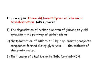 In glycolysis three different types of chemical
transformation takes place:
1) The degradation of carbon skeleton of glucose to yield
pyruvate —the pathway of carbon atoms
2) Phosphorylation of ADP to ATP by high energy phosphate
compounds formed during glycolysis ---- the pathway of
phosphate groups
3) The transfer of a hydride ion to NAD, forming NADH.
 
