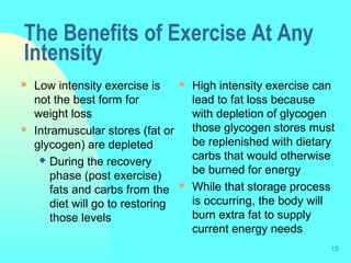 15
The Benefits of Exercise At Any
Intensity
 Low intensity exercise is
not the best form for
weight loss
 Intramuscular stores (fat or
glycogen) are depleted
 During the recovery
phase (post exercise)
fats and carbs from the
diet will go to restoring
those levels
 High intensity exercise can
lead to fat loss because
with depletion of glycogen
those glycogen stores must
be replenished with dietary
carbs that would otherwise
be burned for energy
 While that storage process
is occurring, the body will
burn extra fat to supply
current energy needs
 
