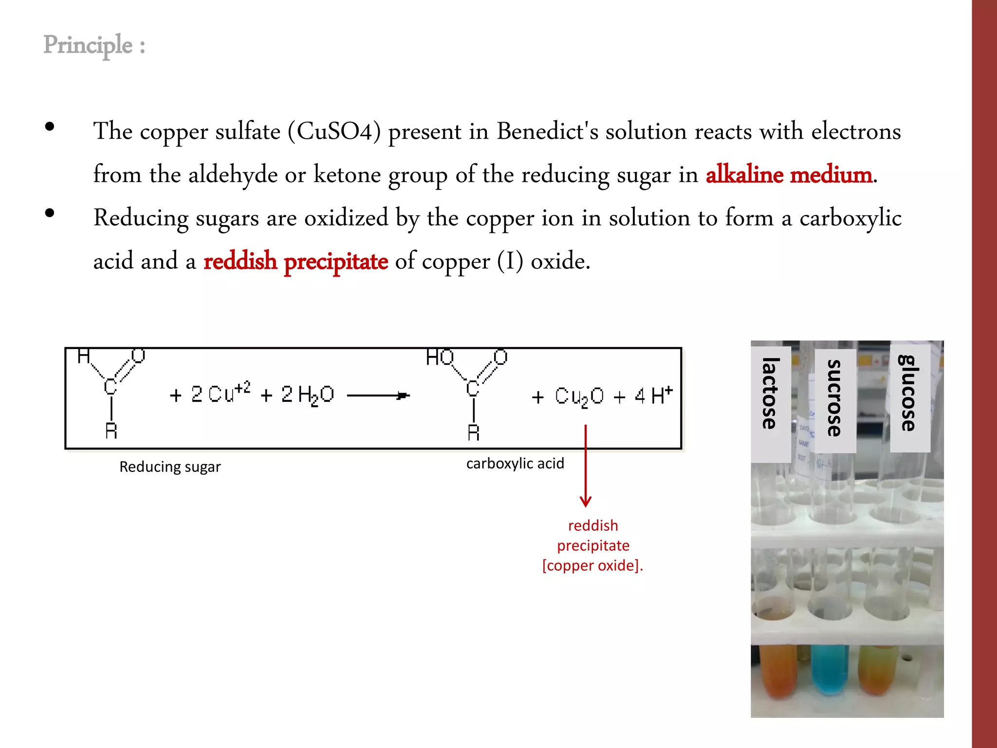 Principle :
• The copper sulfate (CuSO4) present in Benedict's solution reacts with electrons
from the aldehyde or ketone group of the reducing sugar in alkaline medium.
• Reducing sugars are oxidized by the copper ion in solution to form a carboxylic
acid and a reddish precipitate of copper (I) oxide.
reddish
precipitate
[copper oxide].
Reducing sugar carboxylic acid
lactose
sucrose
glucose
 