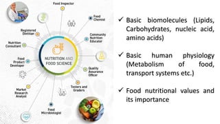 ✓ Basic biomolecules (Lipids,
Carbohydrates, nucleic acid,
amino acids)
✓ Basic human physiology
(Metabolism of food,
transport systems etc.)
✓ Food nutritional values and
its importance
 